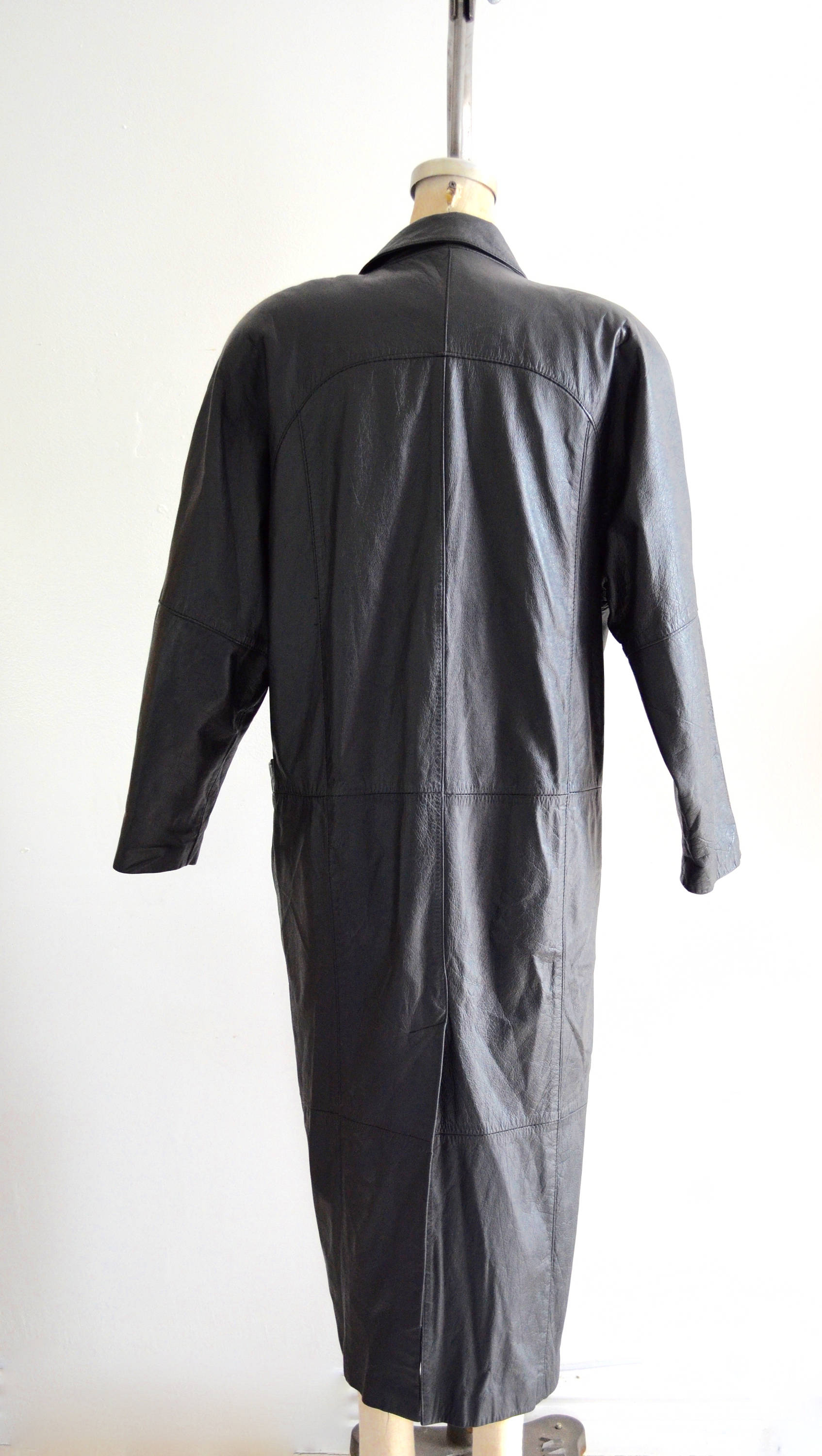 Black Leather Long Coat Outwear Trench Coat Jacket Raincoat 1980S Style Fall