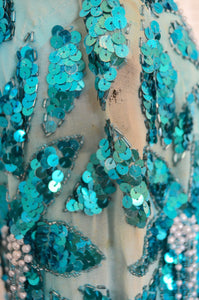 Turmaline Fringe Pearls Sequins Beaded Aqua Marineturquoise Blue Silk Blouse Top M