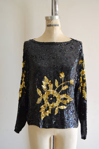 80S Black Gold Floral Sequin Flower Beaded Dolman Sleeve Silk Top Heavily Blouse Style