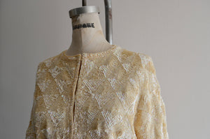 Off White Sequin Bomber Cropped Sweater Jacket Blouse Diamond Pattern Collection 1960