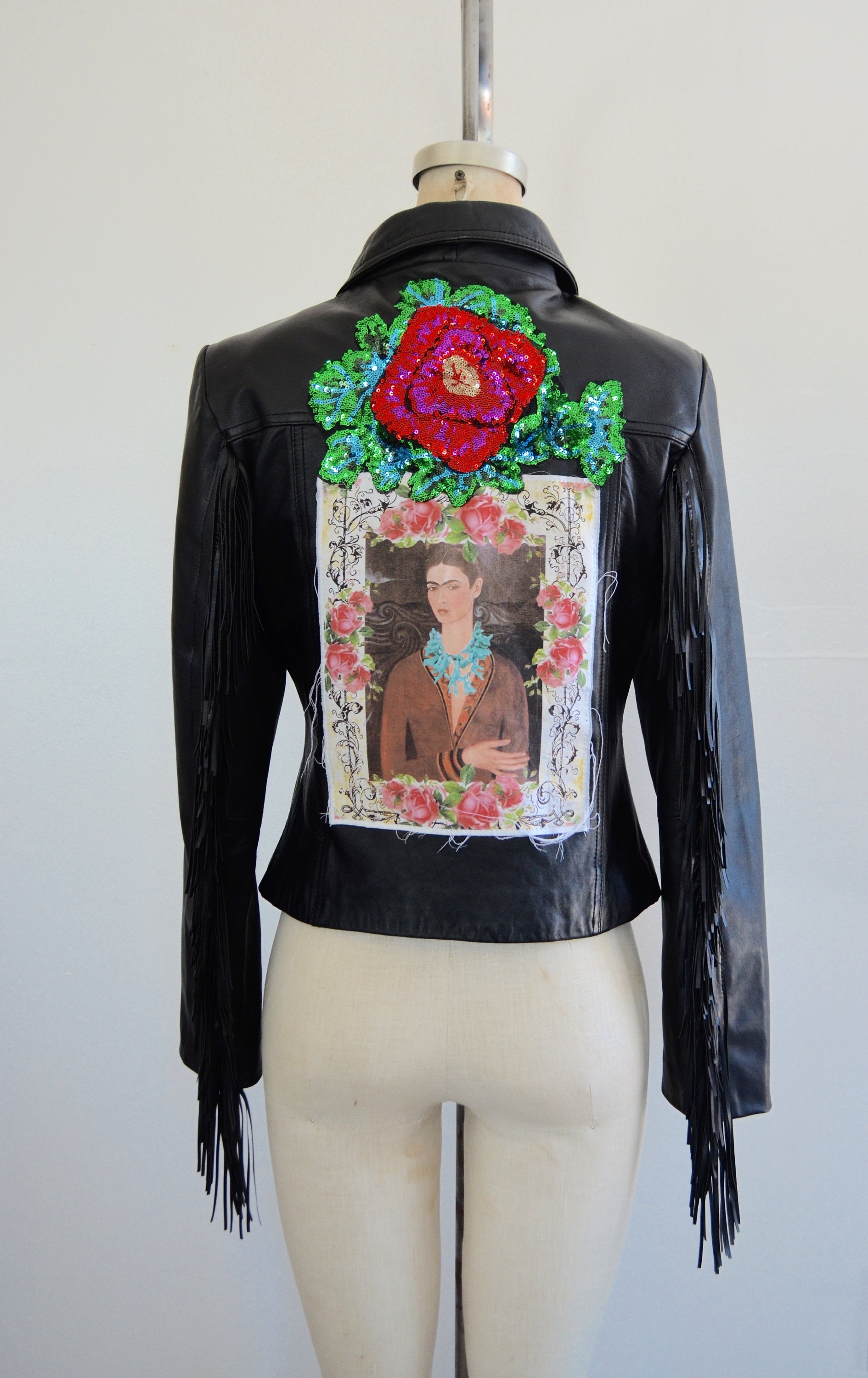 1990S Leather Fringe Moto Bike Frida Khalo Pink Roses Jacket Blazer Multicolor Sequins Floral