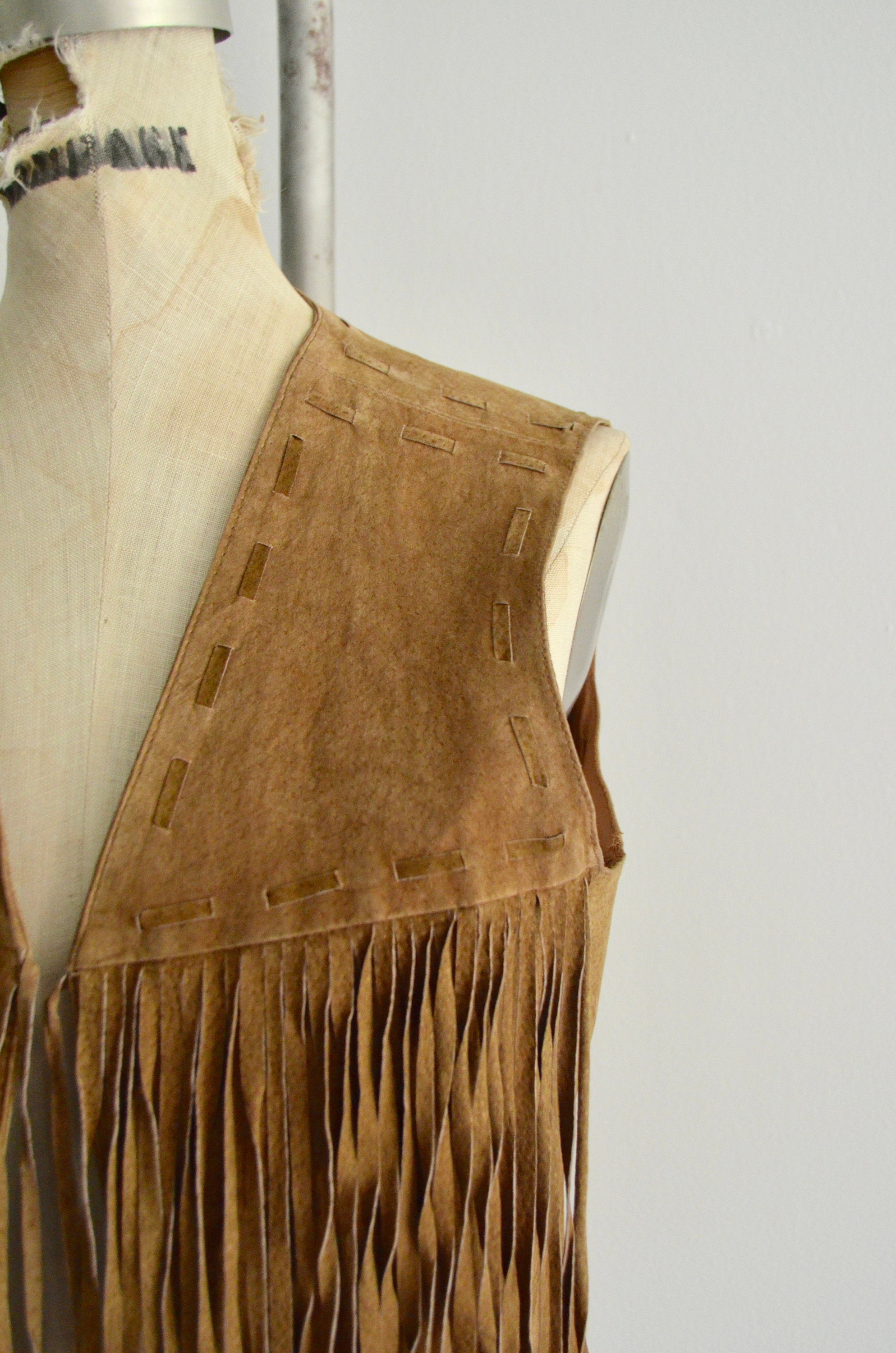 1970S Western Bohemian Toffee Color Leather Fringe Vest Suede Boho Chic Extra Long