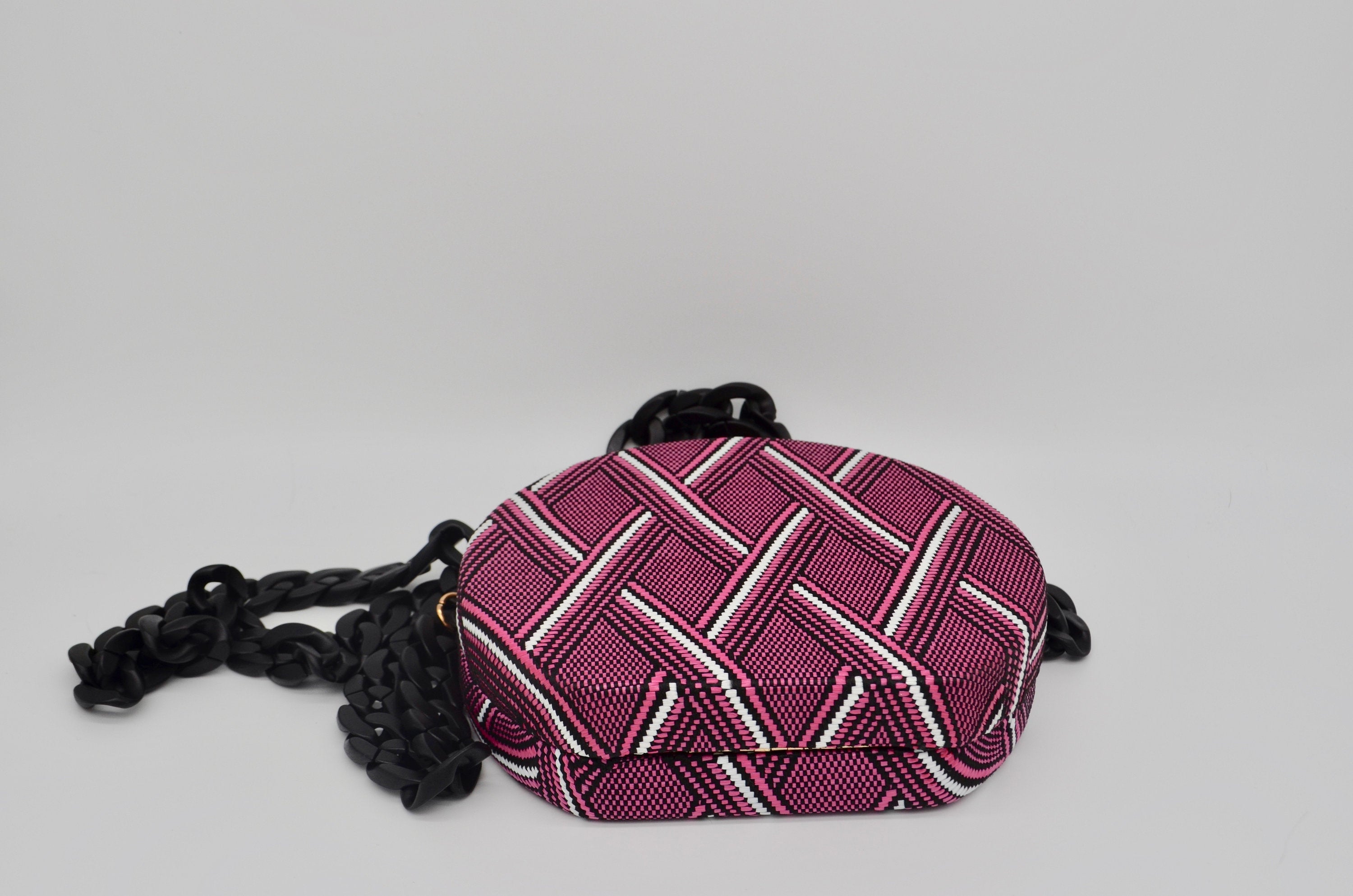 Round Circle Pink Striped Chevron Fabric Hard Mini Crossbody Bag Black Acrylic Chain Handbag