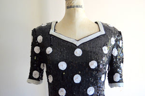 Polka Dot Sequined Scalloped Top Blouse Pearl Beaded Wedding Silk Style