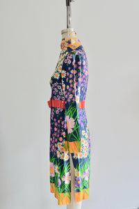 1970 Mod Lillie Rubin Psychedelic Floral Print Maxi Tunic Cardigan Matching Set Dress Twiggy