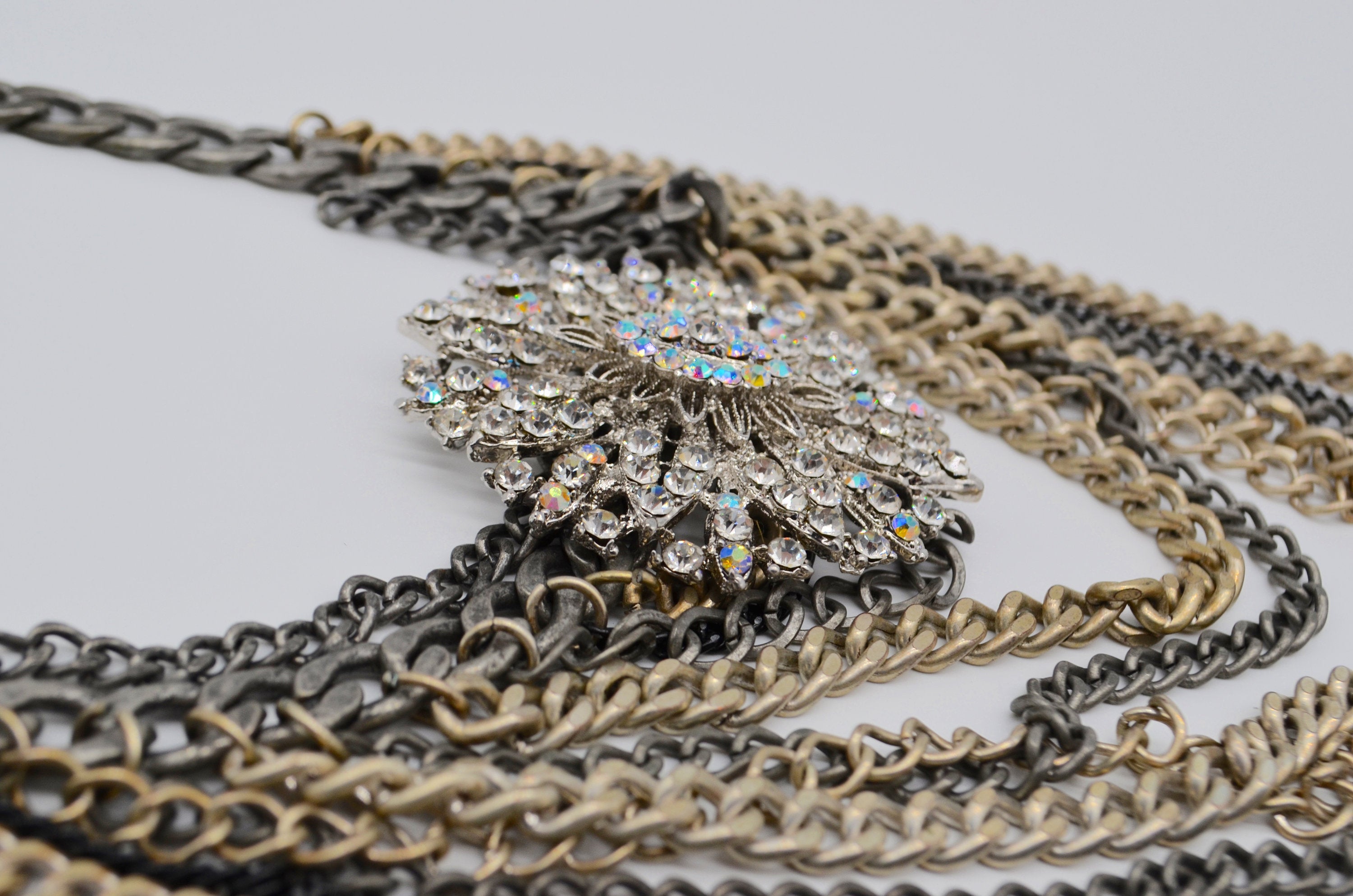Statement Multi Layered Lengths Of Chain Antique Silver Necklace With Filigree Brooch Rockstar