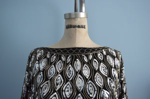 Silk Raglan Black & Silver Sequins Beaded Glam Cocktail Party Wedding Blouse Top