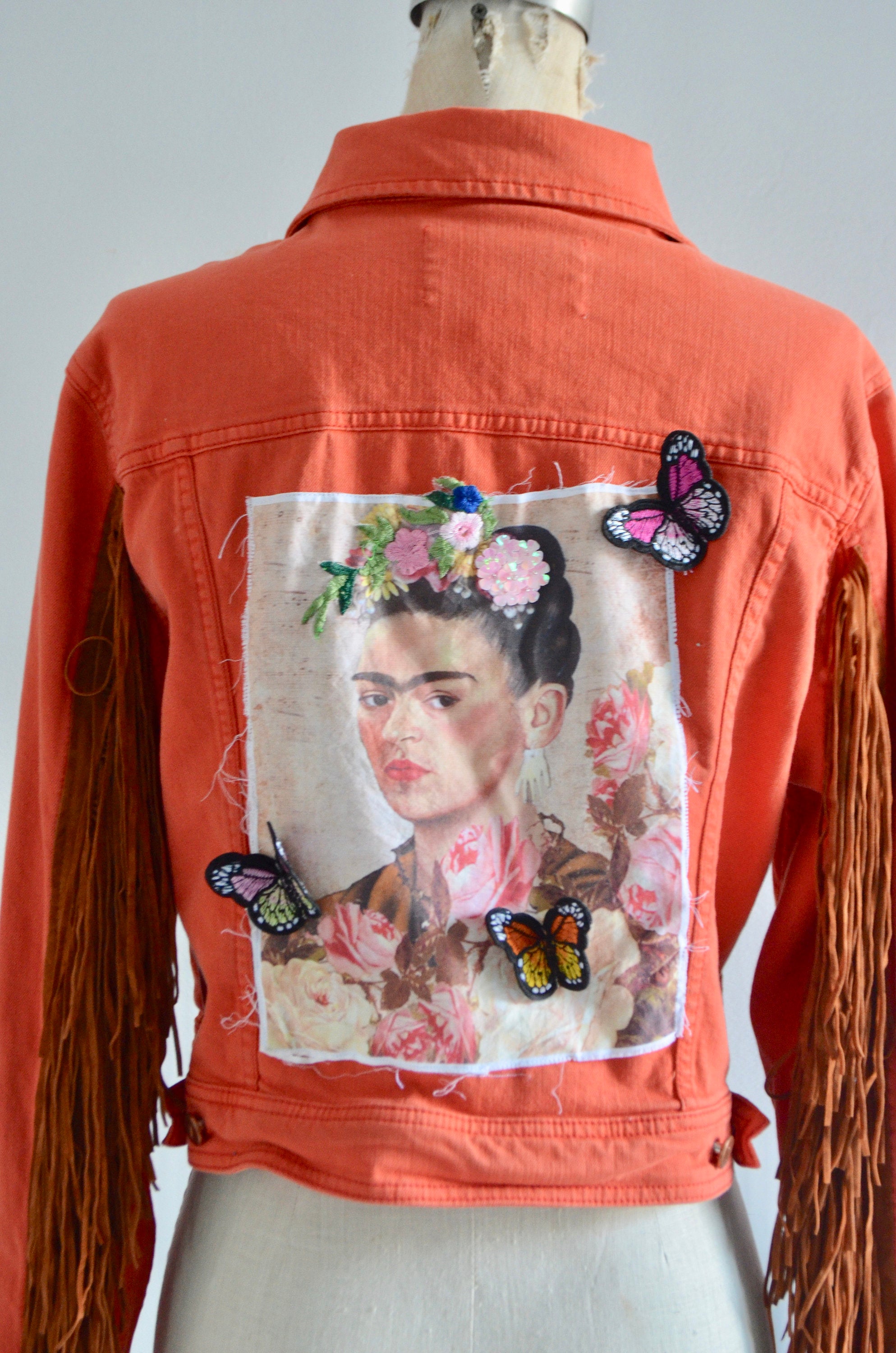 90S Denim Orange Fringe Canvas Pink Roses Cropped Jean Jacket Butterflies Patch Floral Reworked