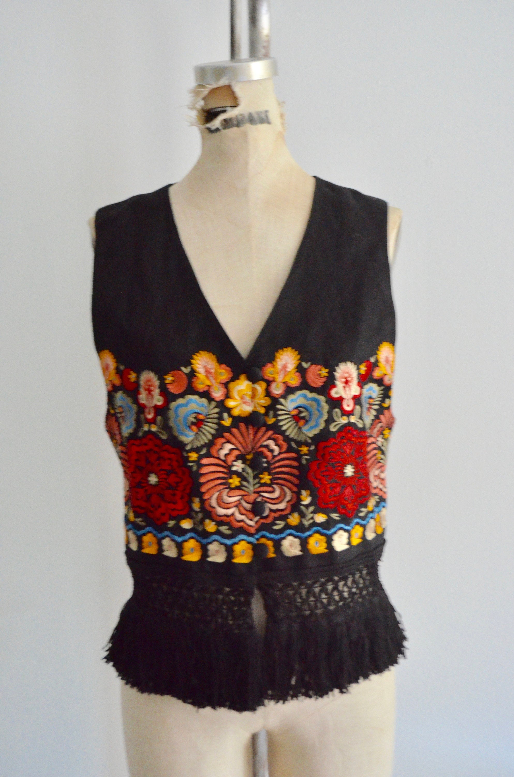 1980S Bohemian Black Linen Oversized Fringe Tassel Vest With Colorful Floral Mexican Embroidery