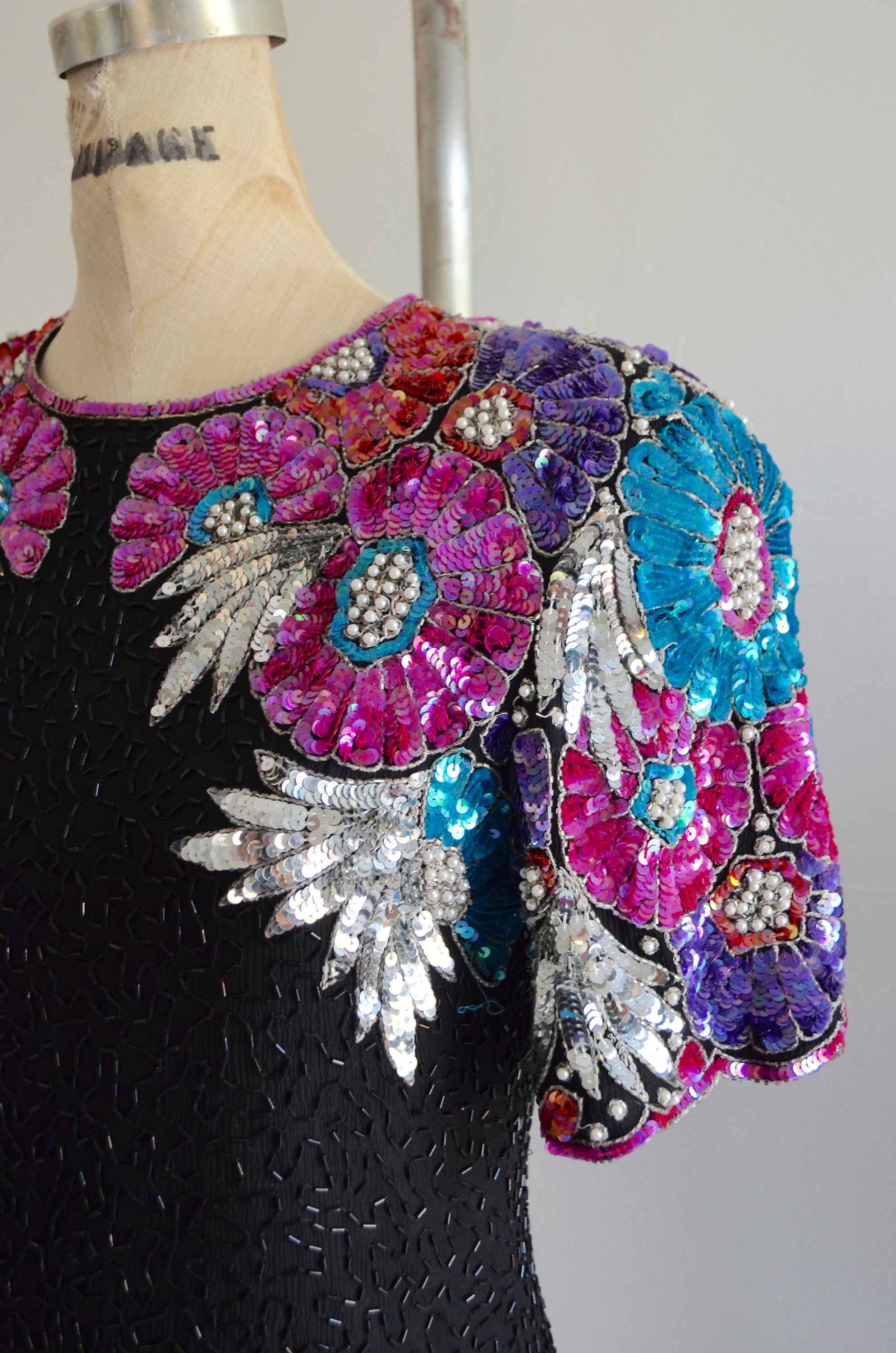 Avant Garde Black Silk Pearls Sequins Dress Stenay With Shoulder Colorful Blossom Purple Flower