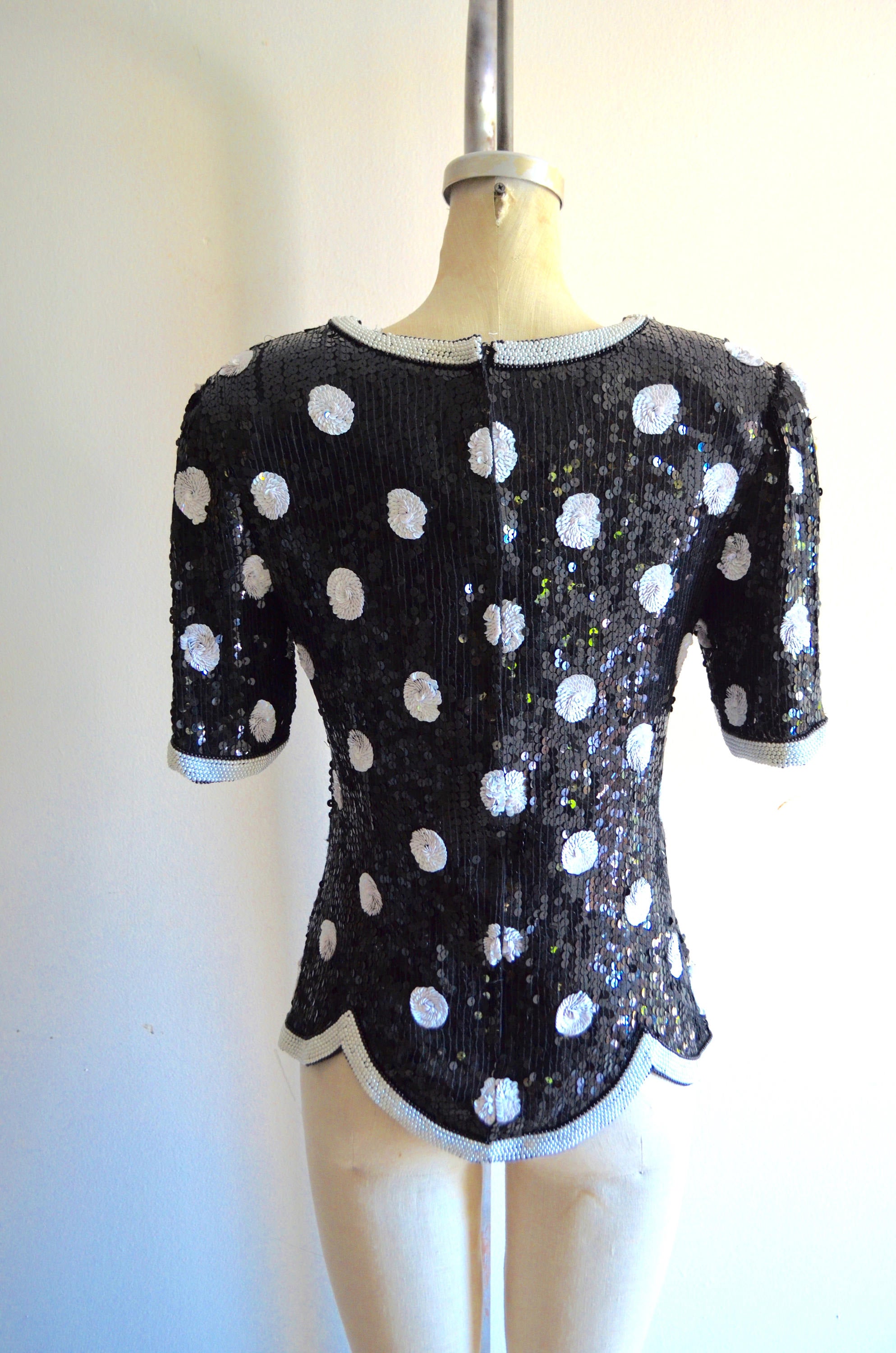 Polka Dot Sequined Scalloped Top Blouse Pearl Beaded Wedding Silk Style
