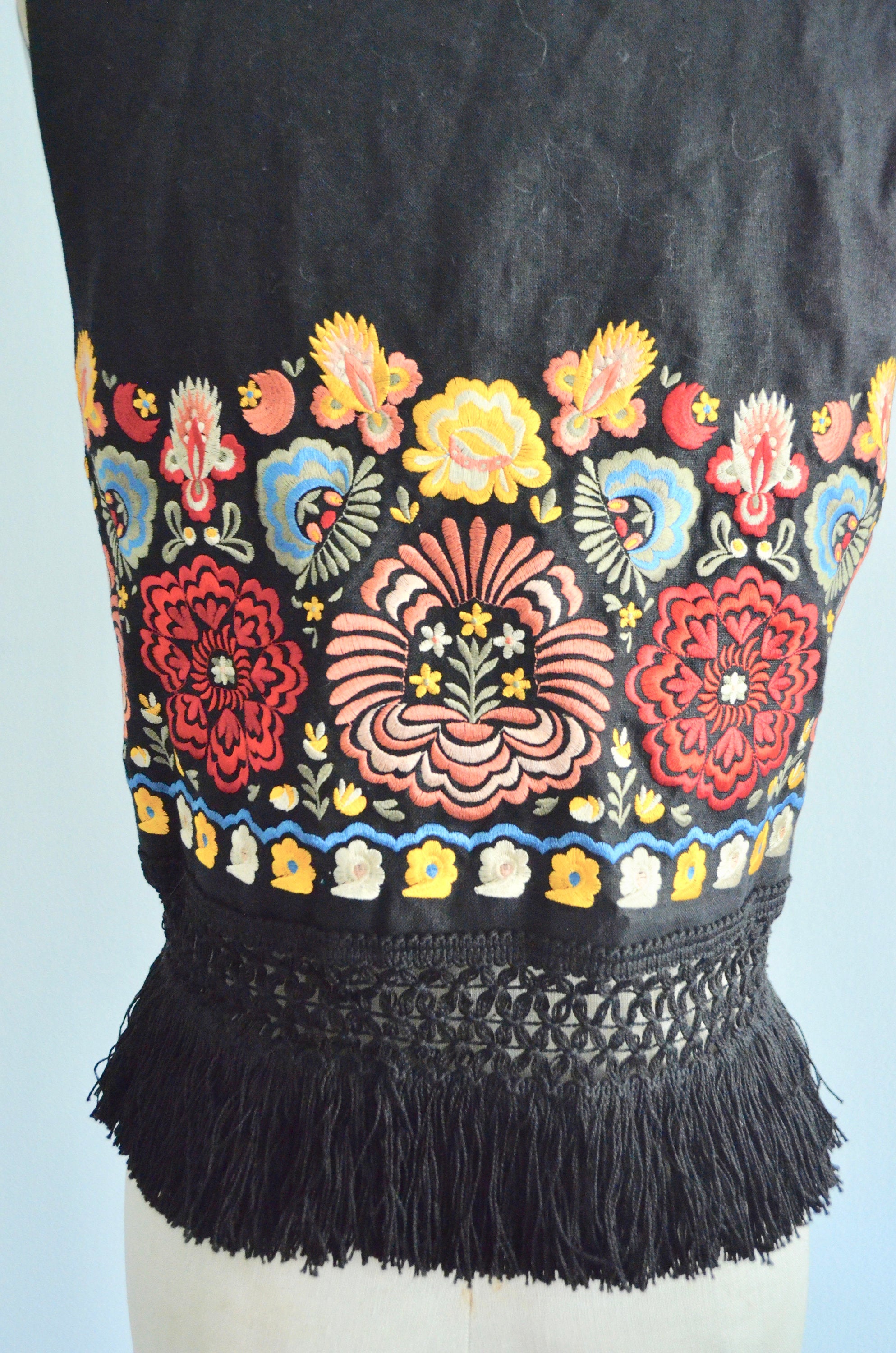 1980S Bohemian Black Linen Oversized Fringe Tassel Vest With Colorful Floral Mexican Embroidery