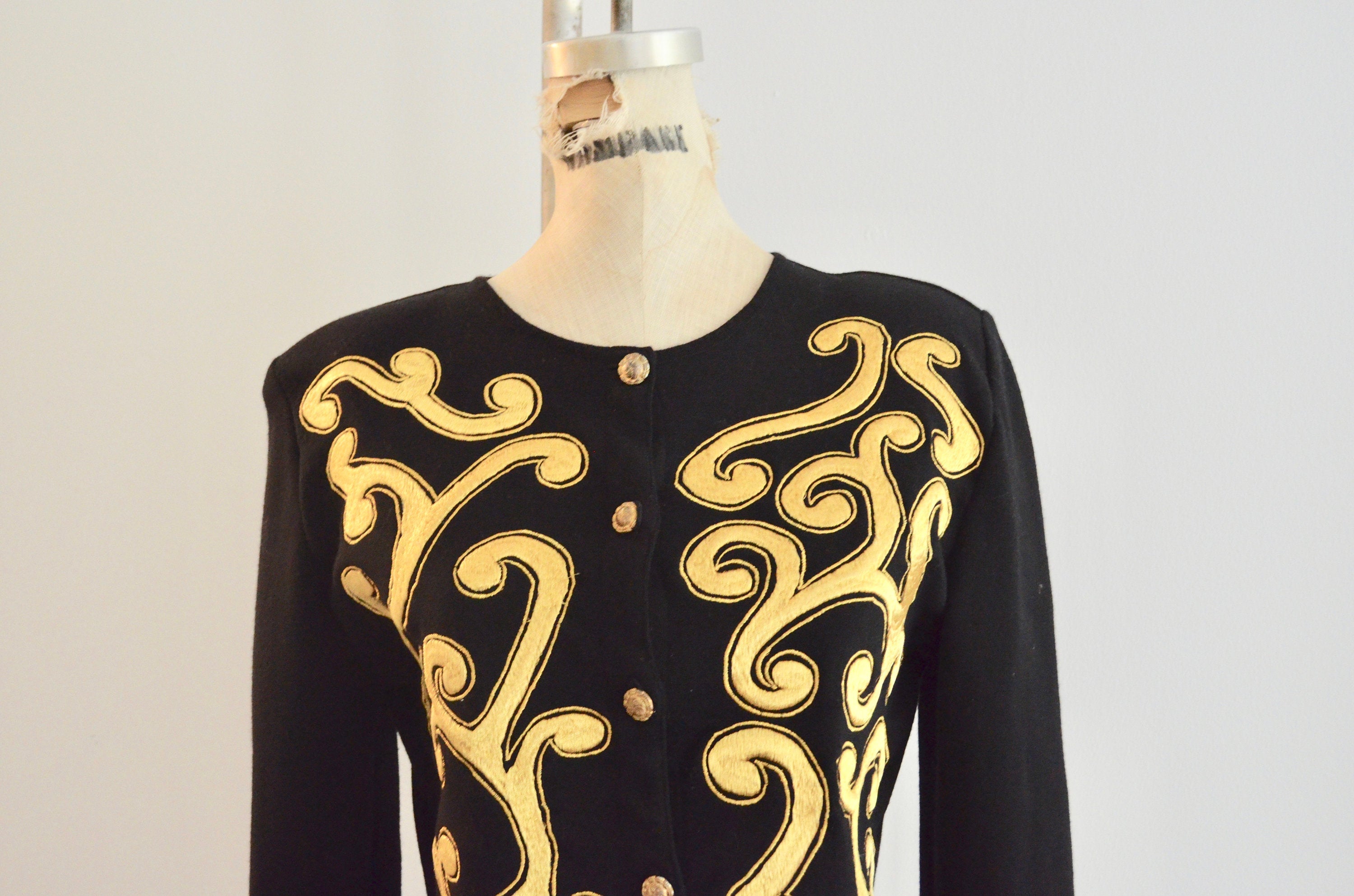1980S Fashion Wool Black Cardigan Dg Inspired Gold Metallic Arabesque Cropped Jacket Blazer