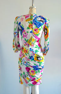 1980S Rare Silk Emanuel Ungaro Parallele Floral Pop Up Art Pleated Dress Paris Italy Mod