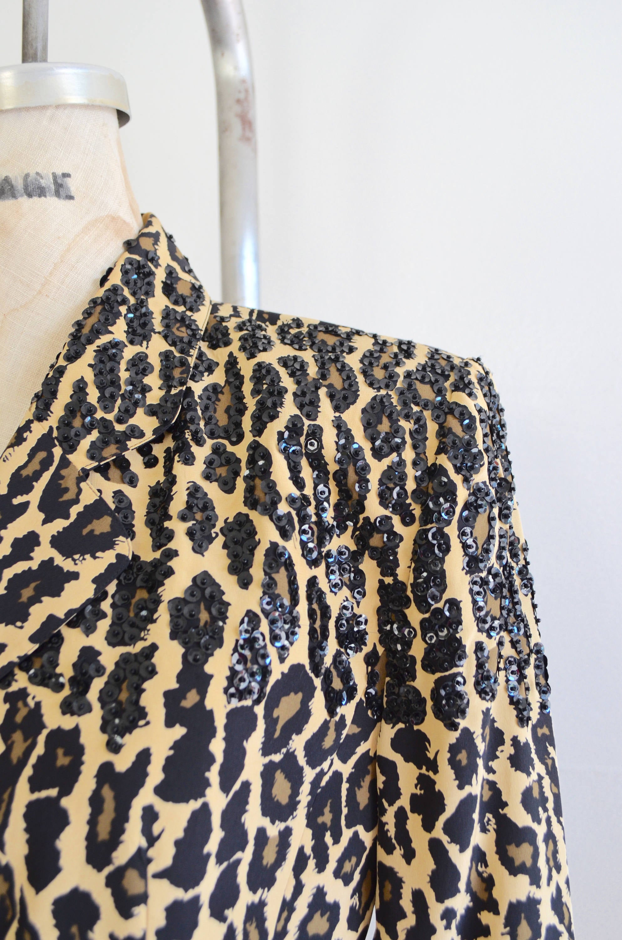 Silk Black Leopard Sequins Animal Print Beaded Blazer Jacket Eleanor P Brenner Size 4