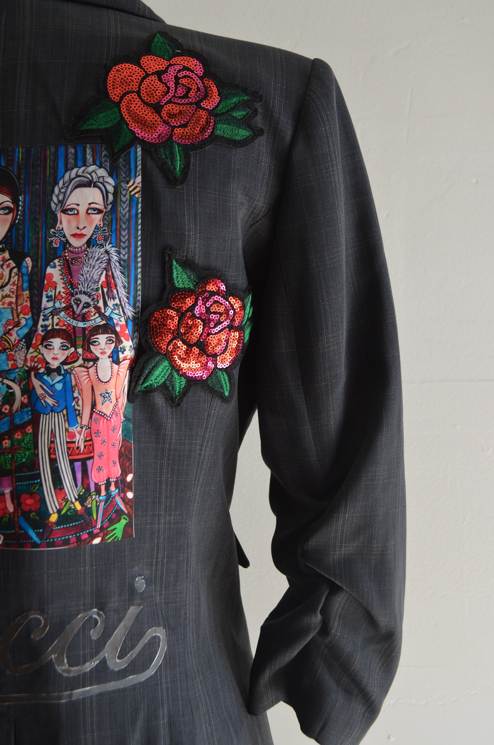 1990S Reworked Charlotte & Co Gg Blazer Ladies Multicolor Sequined Floral Pleated Charcoal Gray