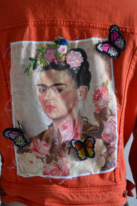 90S Denim Orange Fringe Canvas Pink Roses Cropped Jean Jacket Butterflies Patch Floral Reworked
