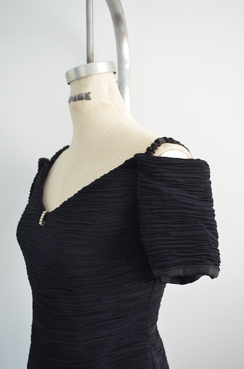Mad Men Black Crinkled Pleated Fabric Off The Shoulder Cocktail Dress