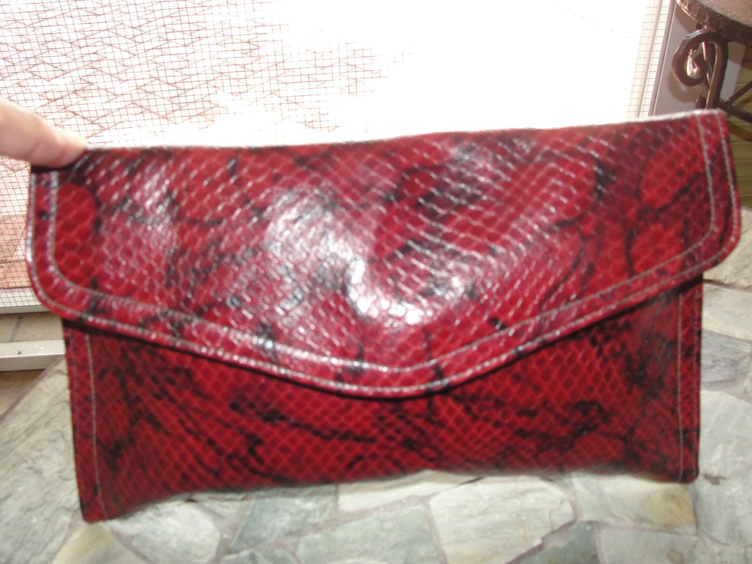 Red Leather Snakeskin Purse Clutch