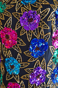 Sequined And Beaded Multicolor Floral Roses Silk Blouse Dress Top Style