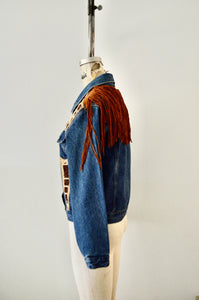 Vintage Gazoz Jean Denim Leather Animal Print Long Fringe Jacket Cowgirl Trend Fashion