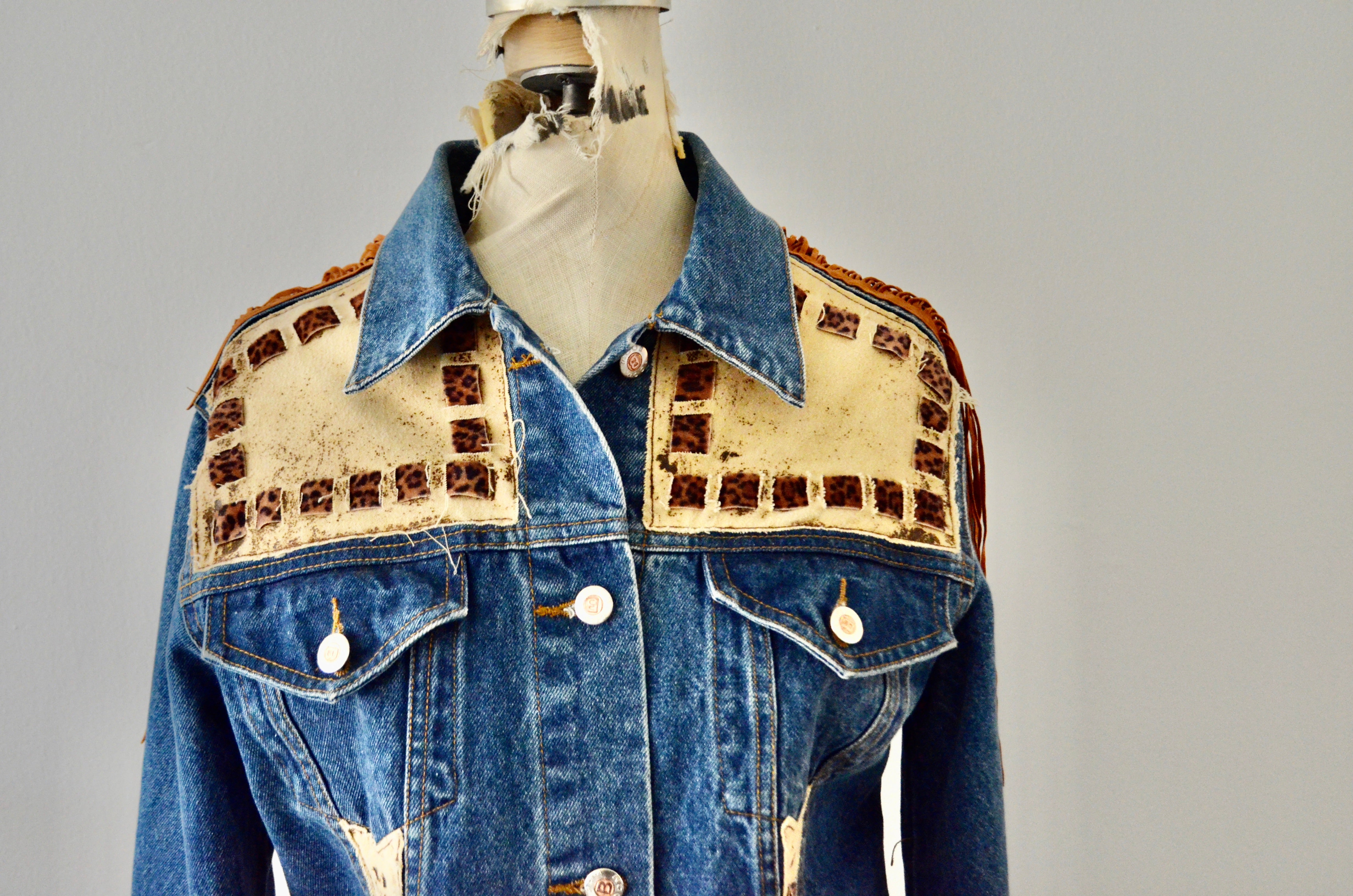 Vintage Gazoz Jean Denim Leather Animal Print Long Fringe Jacket Cowgirl Trend Fashion