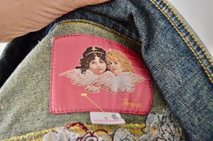 Vintage FIORUCCI Jeans Green Jeans Distressed Denim Jacket Floral Embroidery Light