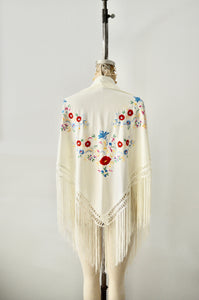 Vintage Hand Embroidered Antique Rose Floral Piano Long Fringe Shawl Cape