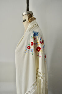 Vintage Hand Embroidered Antique Rose Floral Piano Long Fringe Shawl Cape