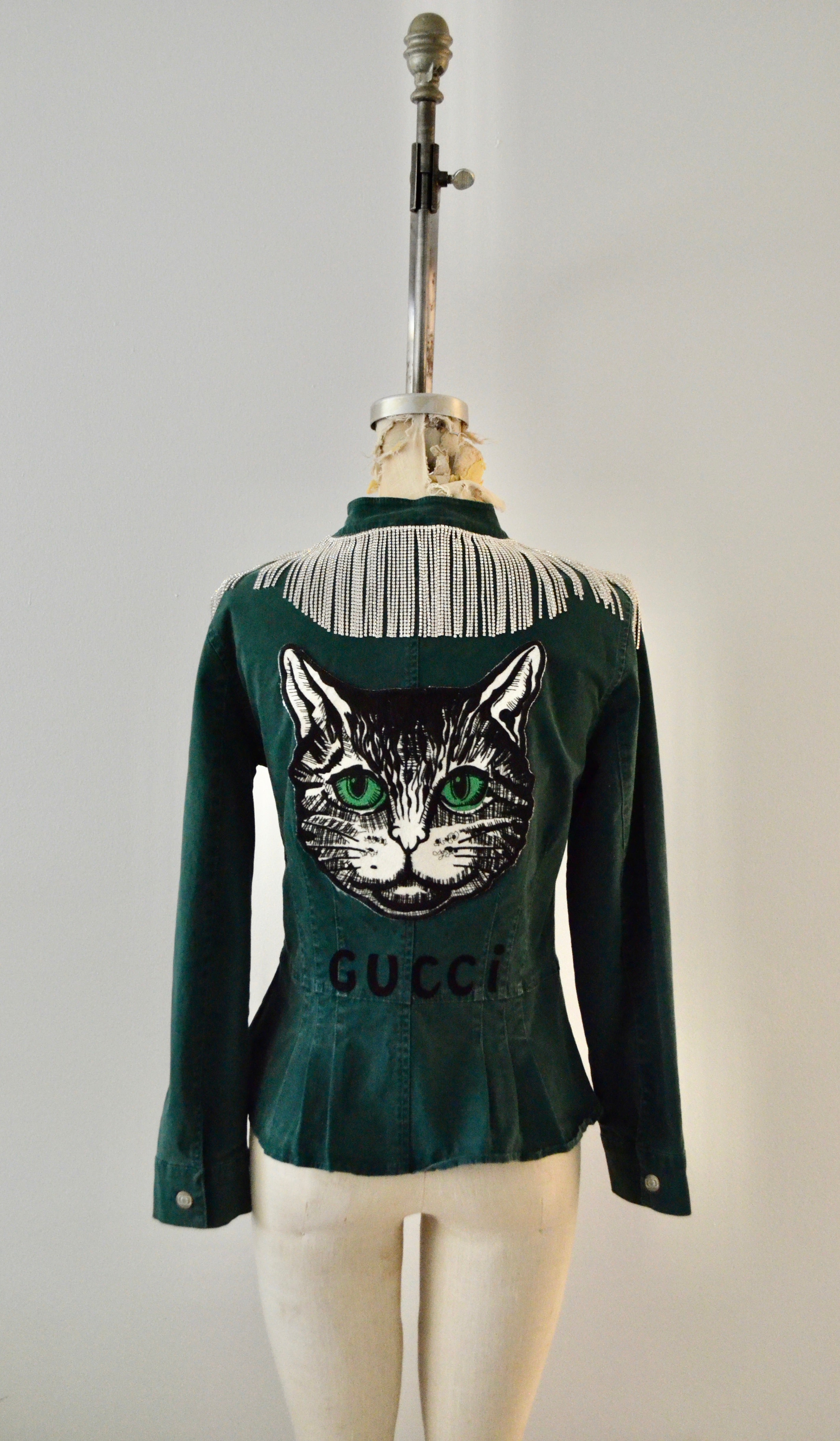 Military Green Denim Rhinestone Crystal Fringe with Huge Cat Patch Dazzling Style Cropped Jacket