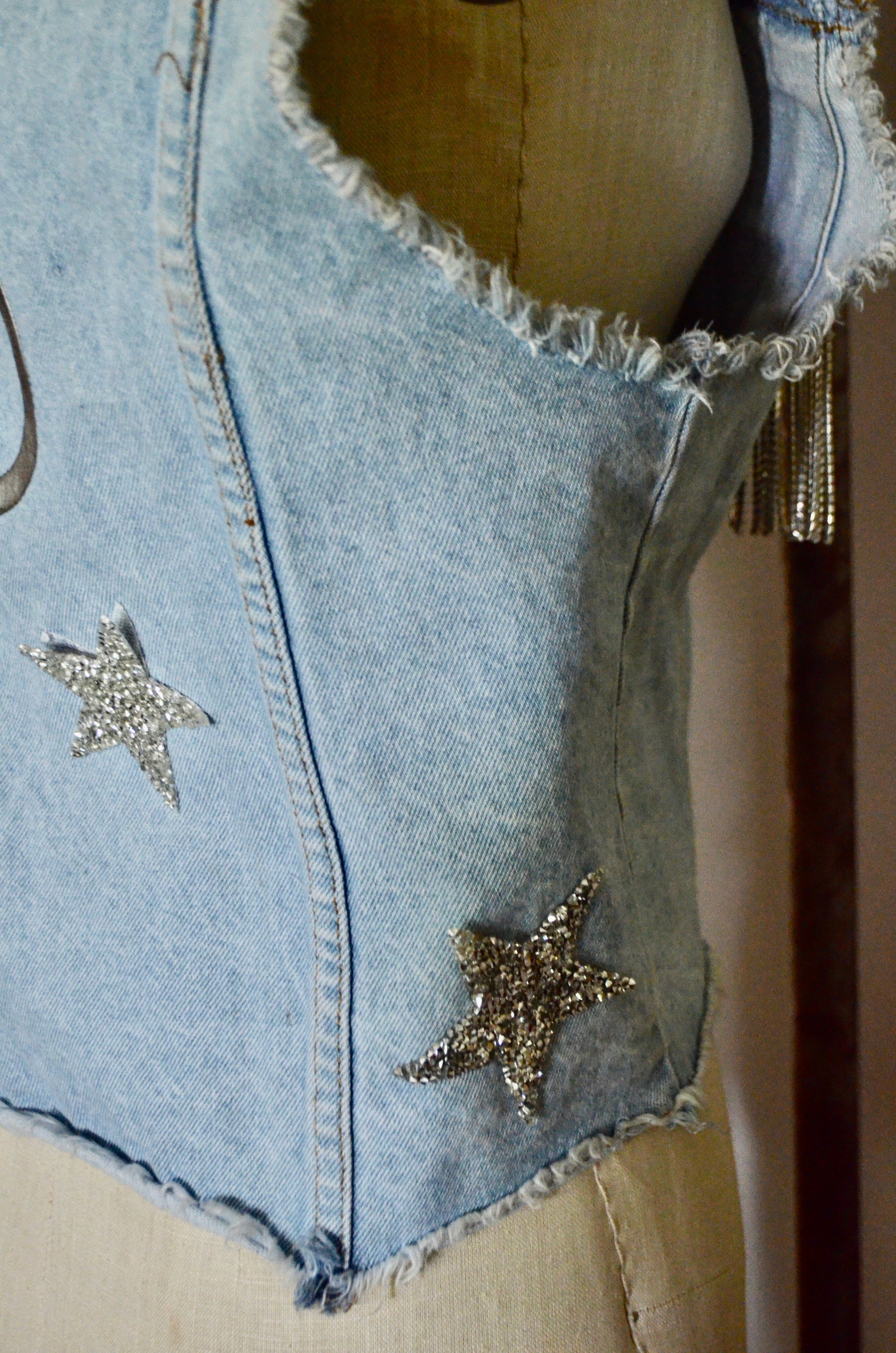 Reworked GG patch denim-vest distressed with rhinestone fringe and stars