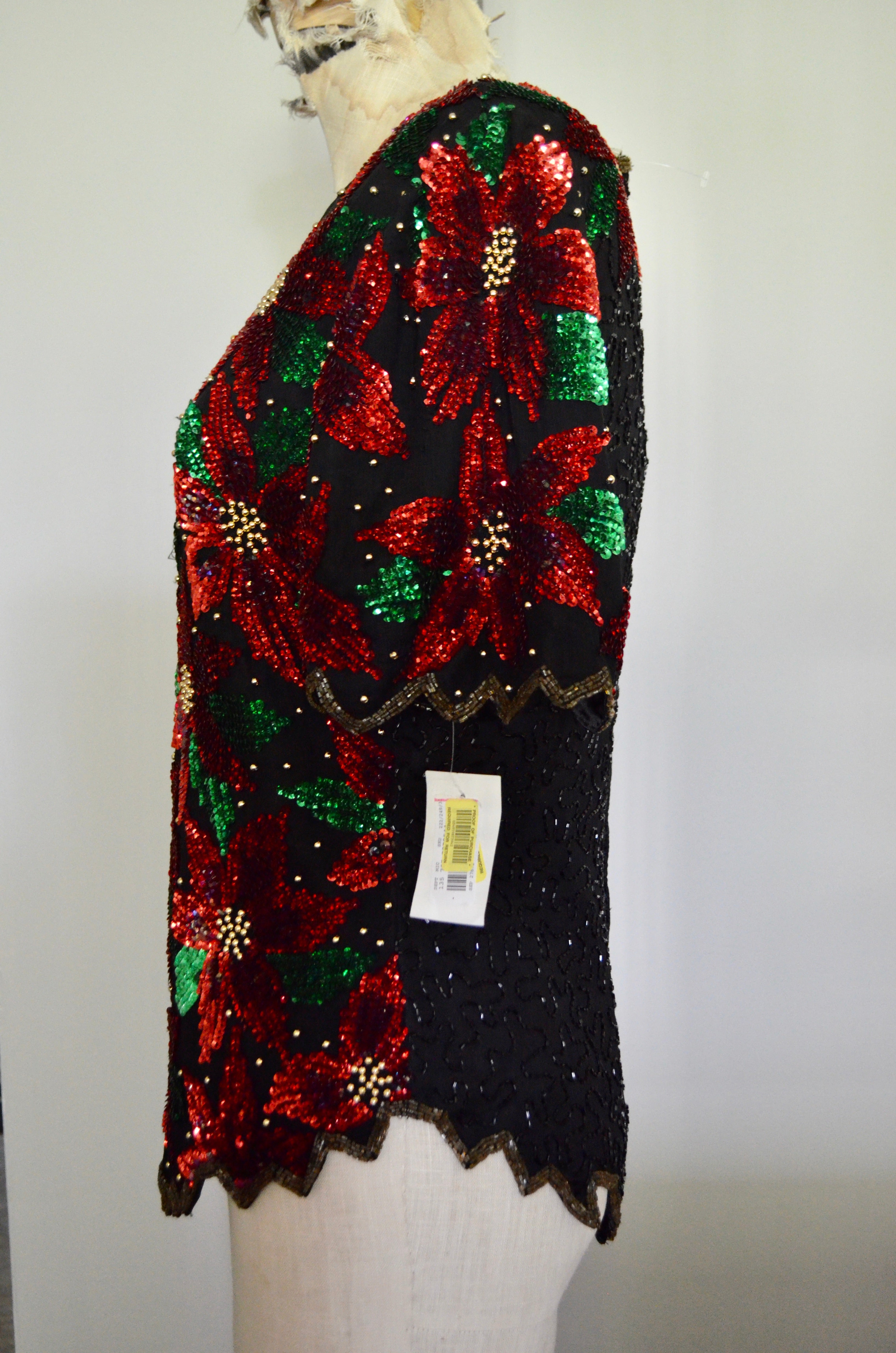 NWT Scala Vintage Poinsettia Beaded Sequin Top Medium Christmas Black Green Red Silk