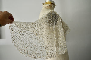 Victorian Sequin Beaded Sheer Lace Capelet Sleeve Shrug Shawl Appliqué Off White