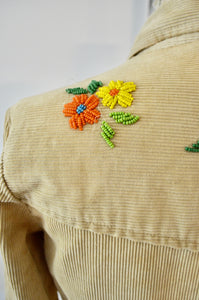 1970's Womens Denimites Velour Corduroy Shirt Peacock Flower Embroidery Beading Bohemian Long Sleeve