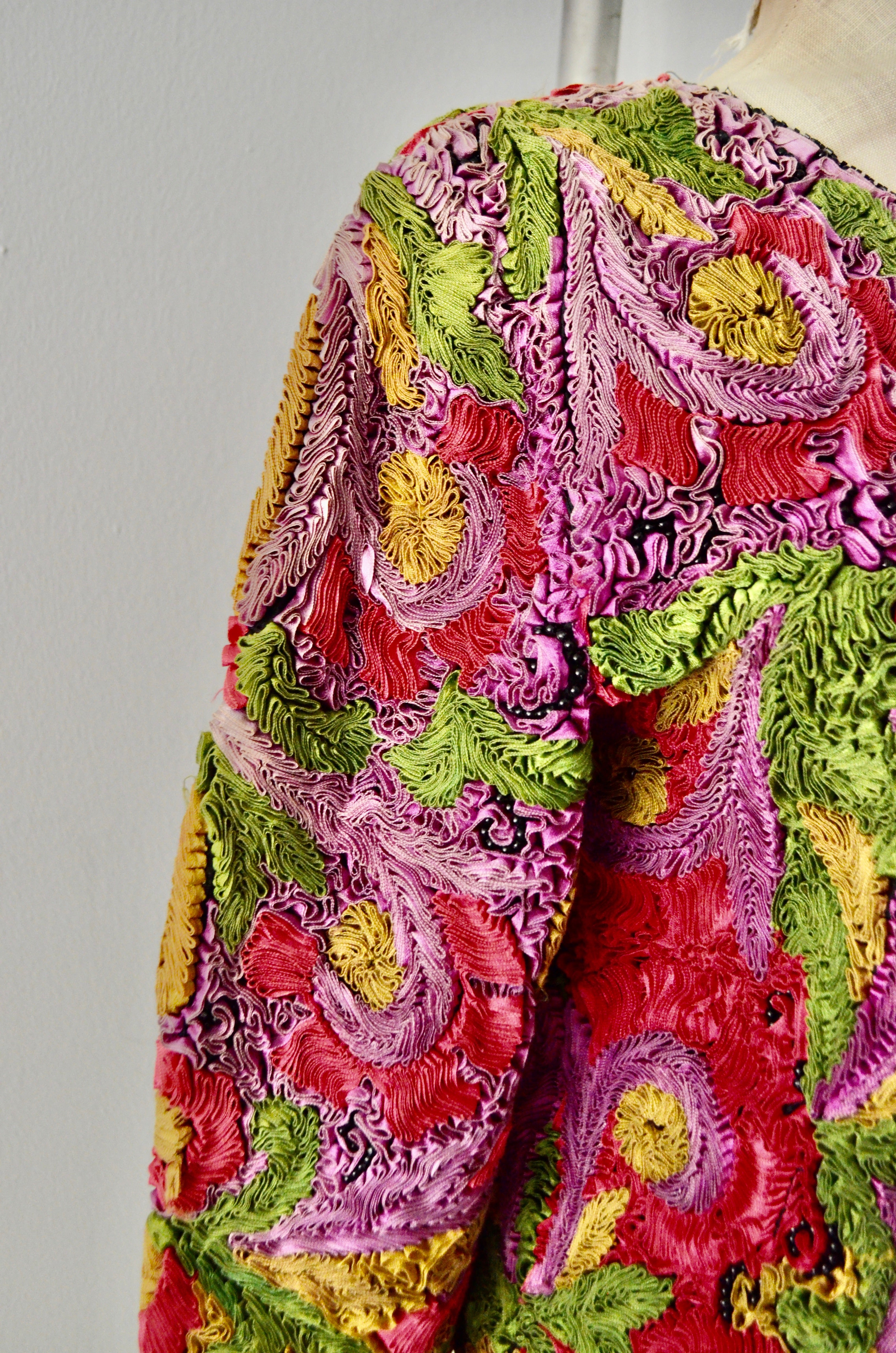 Vintage Cache Exquisite Silk Ribbon Flower Swirl Design Pattern Cropped Jacket