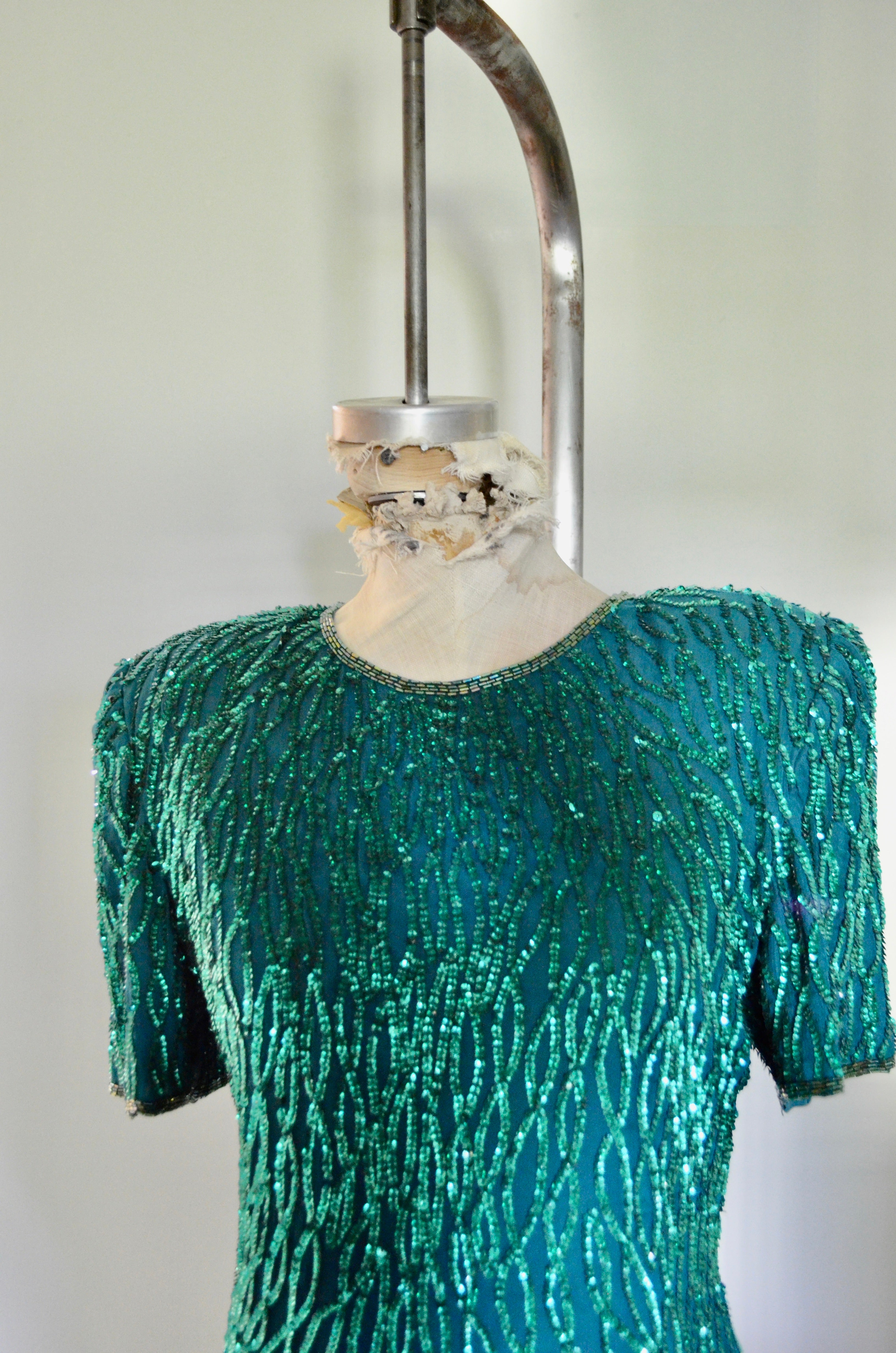 80s Laurence Kazar Emerald Green Sequined Beaded Shinning Dress Style