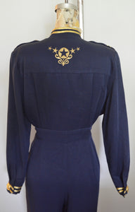 Vintage 1980s Lillie Rubin Military Navy Style Nautical Jumpsuit with gold star buttons