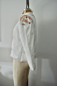 Off White Boho Cropped Puffer Sleeve Quilted Jacket Embroidery Retro Floral
