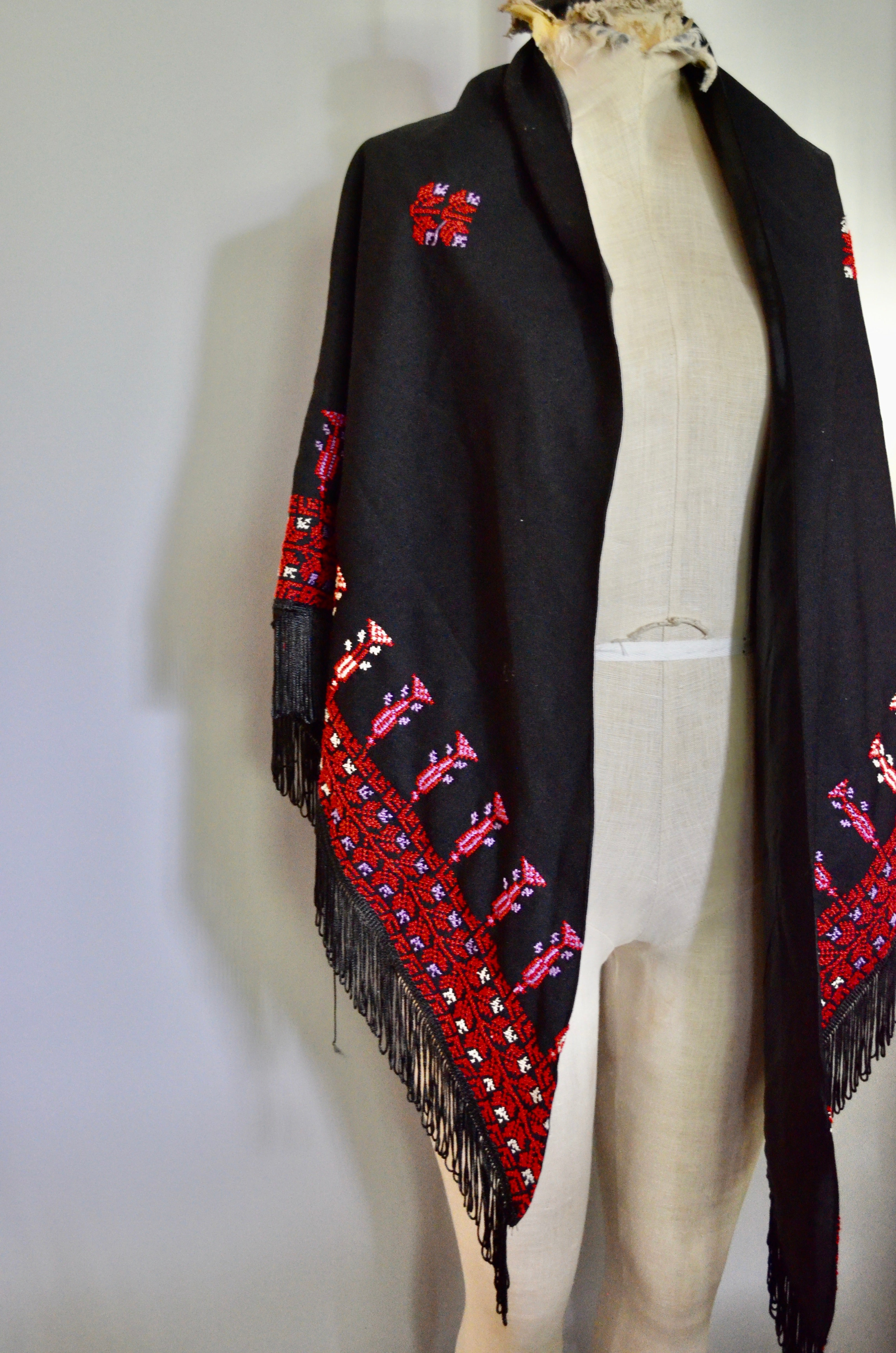 70s Black wool piano embroidery fringe shawl Spanish Bohemian dance