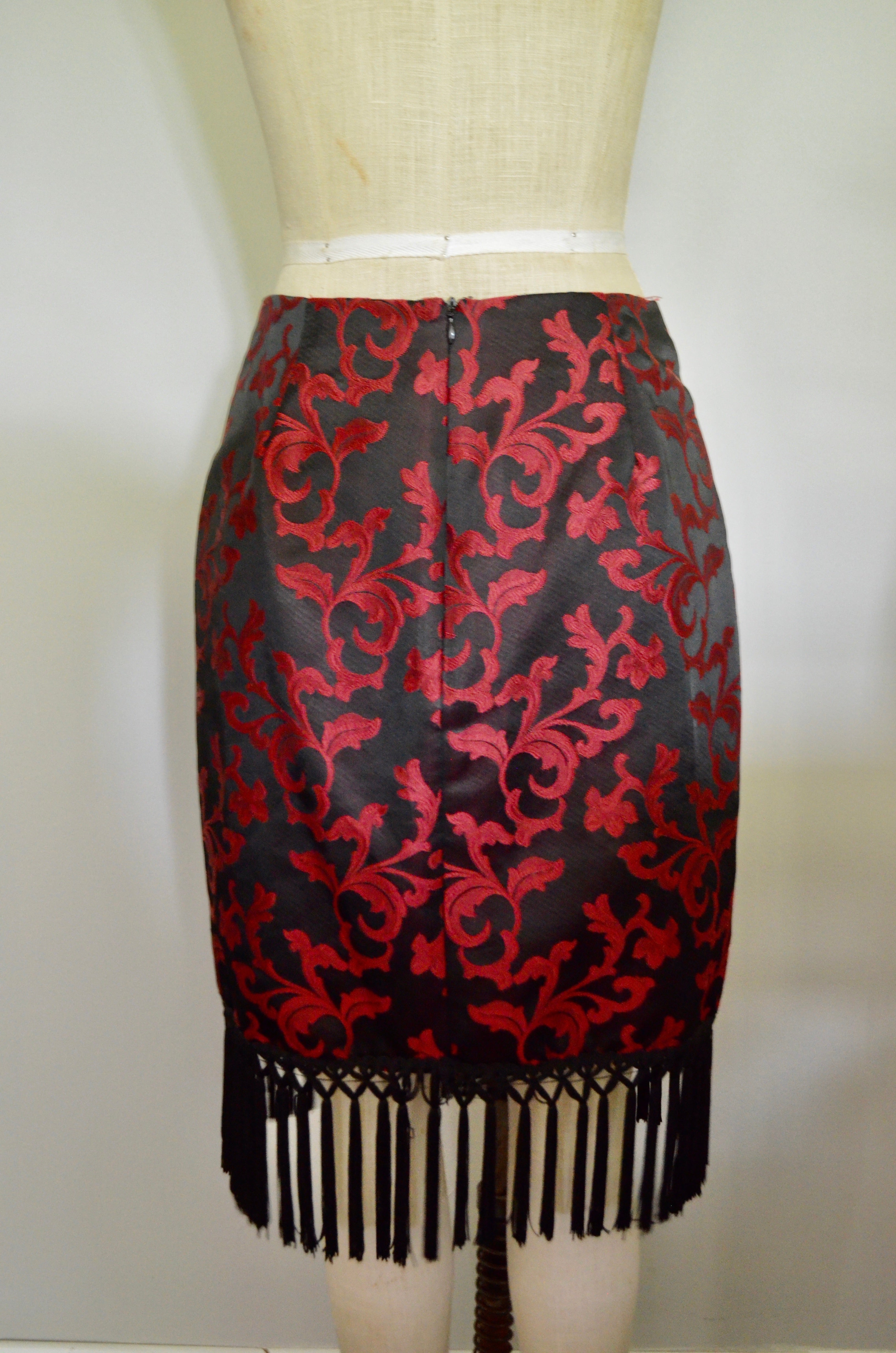 Vintage Burgundy Brocade Fringe Skirt