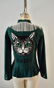 Military Green Denim Rhinestone Crystal Fringe with Huge Cat Patch Dazzling Style Cropped Jacket