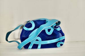 Vintage 80s blue thread mesh sheer geometric leather handbag