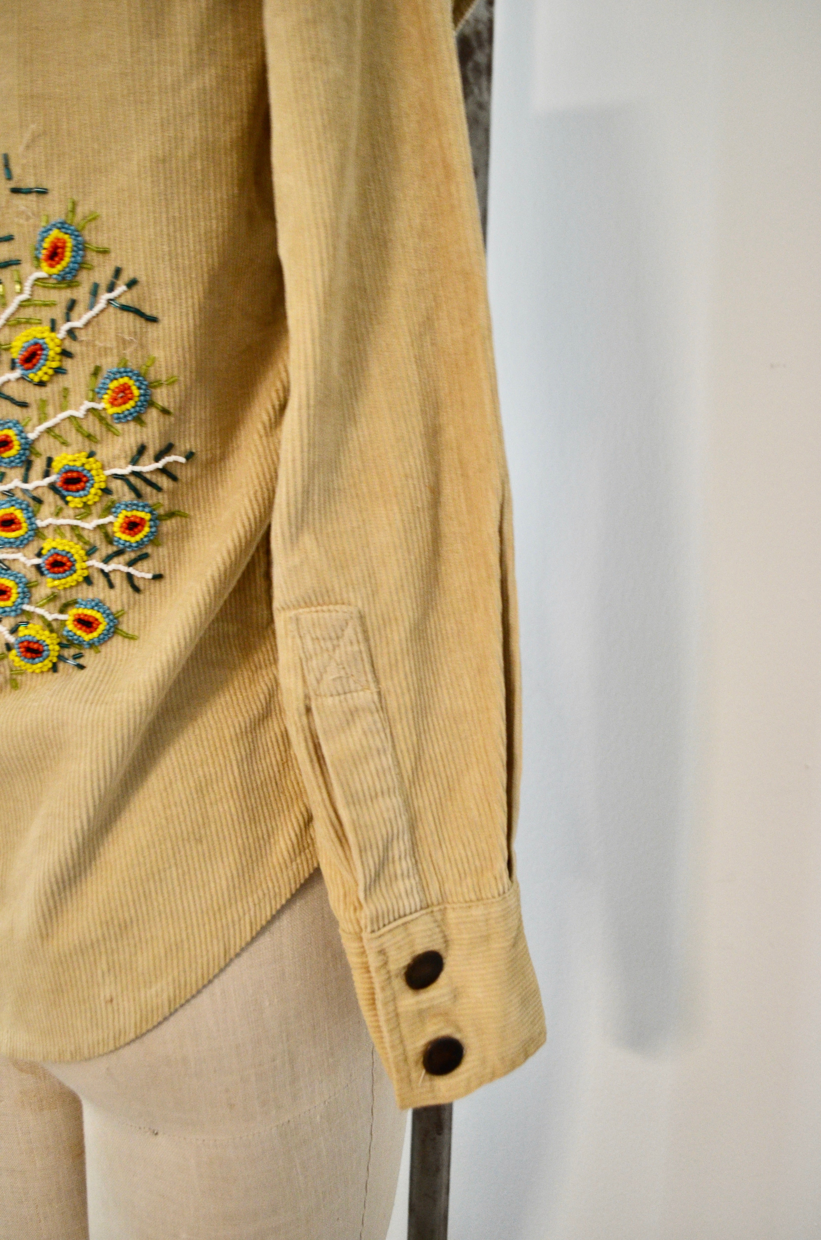 1970's Womens Denimites Velour Corduroy Shirt Peacock Flower Embroidery Beading Bohemian Long Sleeve