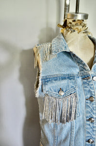 Reworked GG patch denim-vest distressed with rhinestone fringe and stars