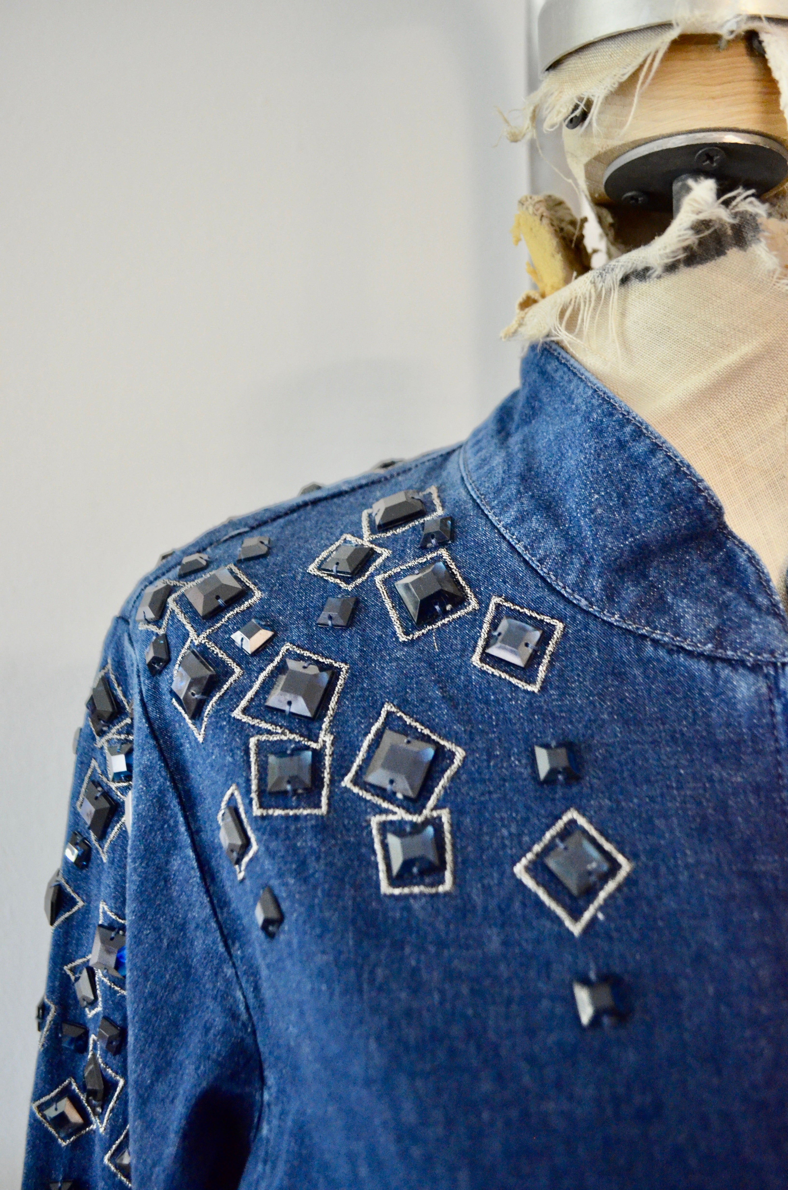 Vintage Bob Mackie Wearable Art Denim Beaded Jewelry Design Jean jacket Runway Spring Trend