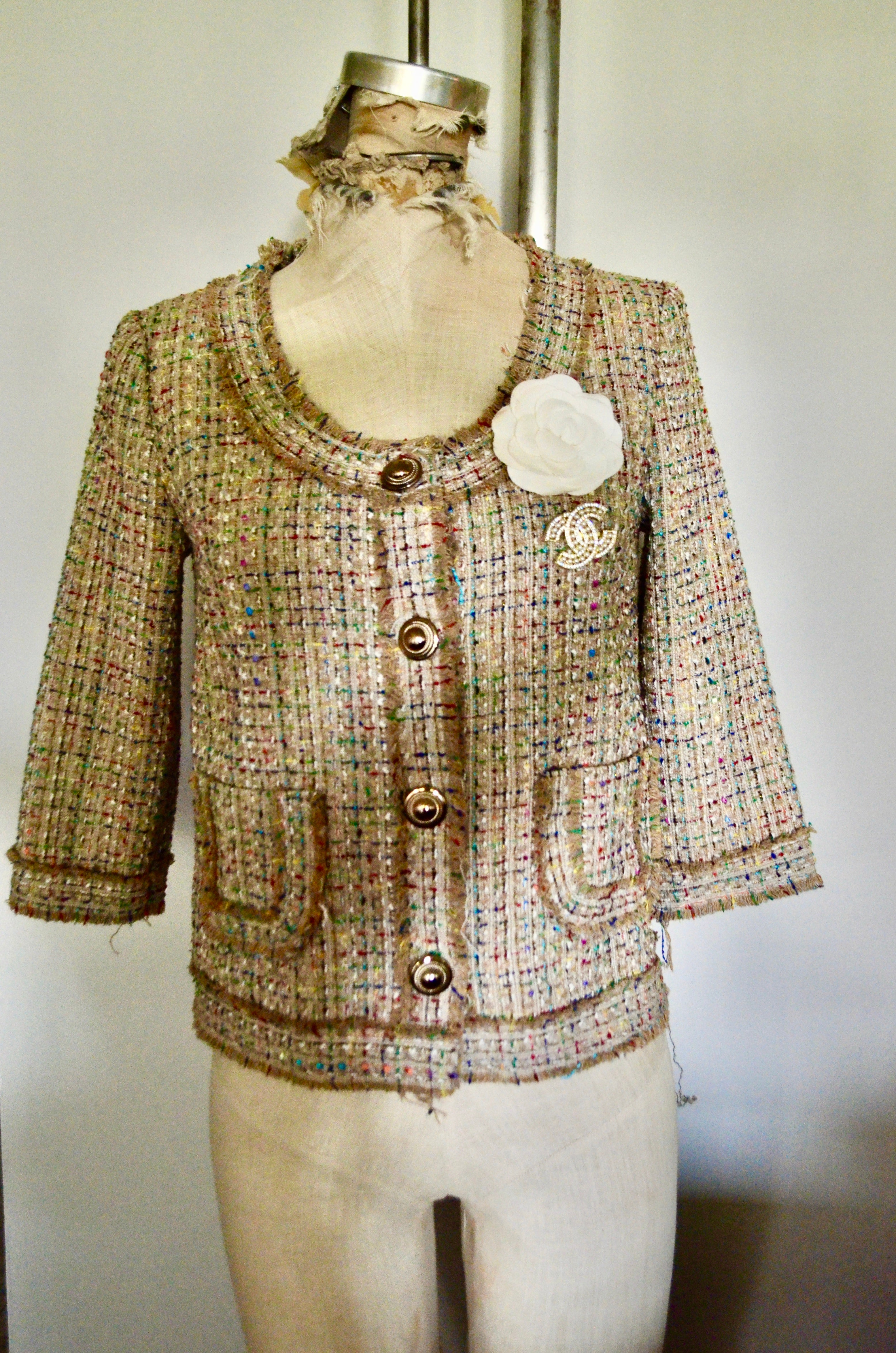 Tweed Beige Multicolor thread Jackie O boucle with Flower and C brooch