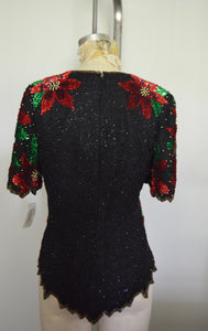 NWT Scala Vintage Poinsettia Beaded Sequin Top Medium Christmas Black Green Red Silk