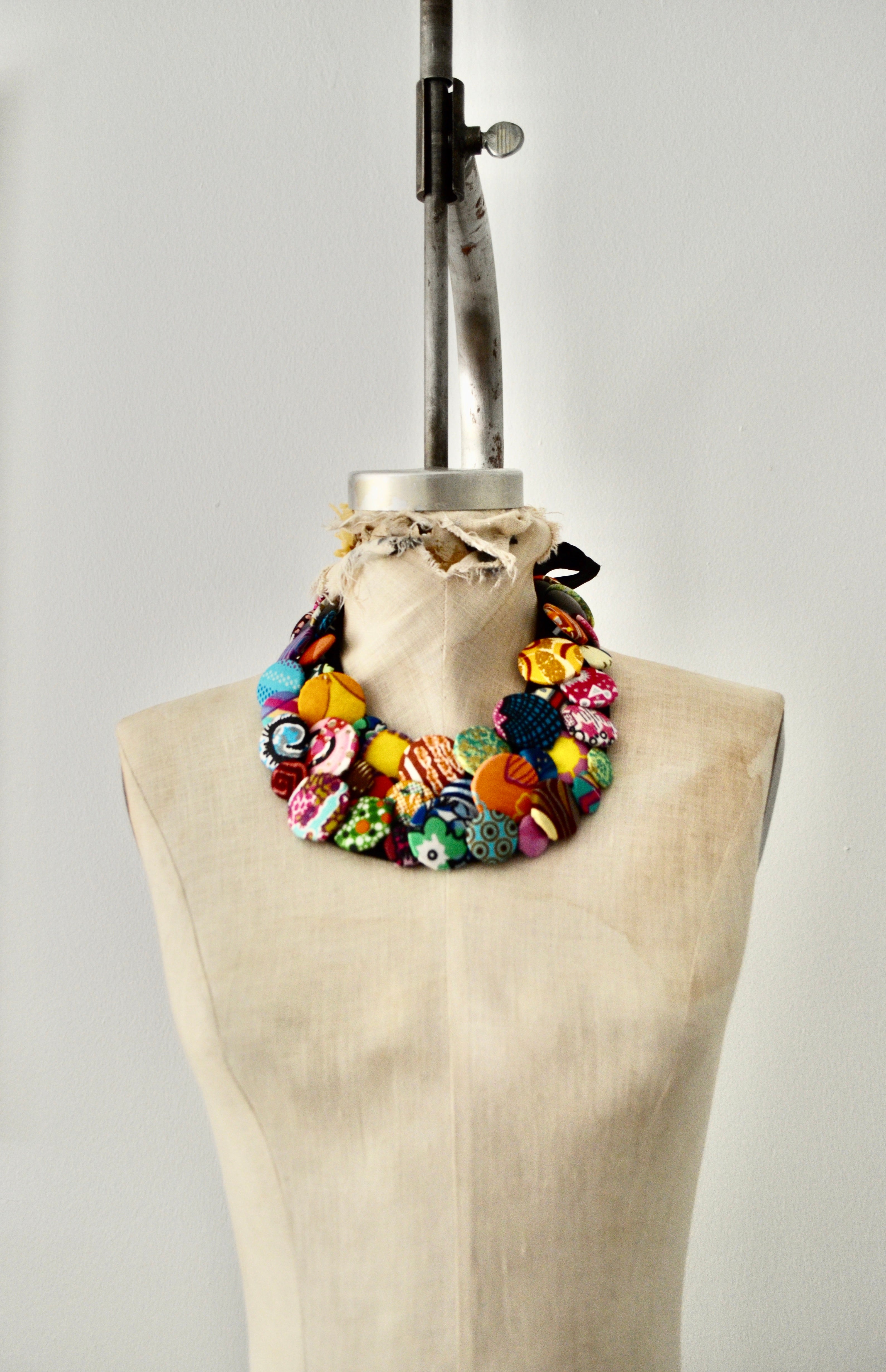 Boho Ethnic Ankara African Multi Strand Colorful Button Necklace