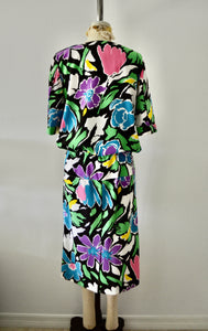 80s Huge Floral Colorful Flower Puff Sleeve Long Maxi Dress Boho Chic Casual Party Spring