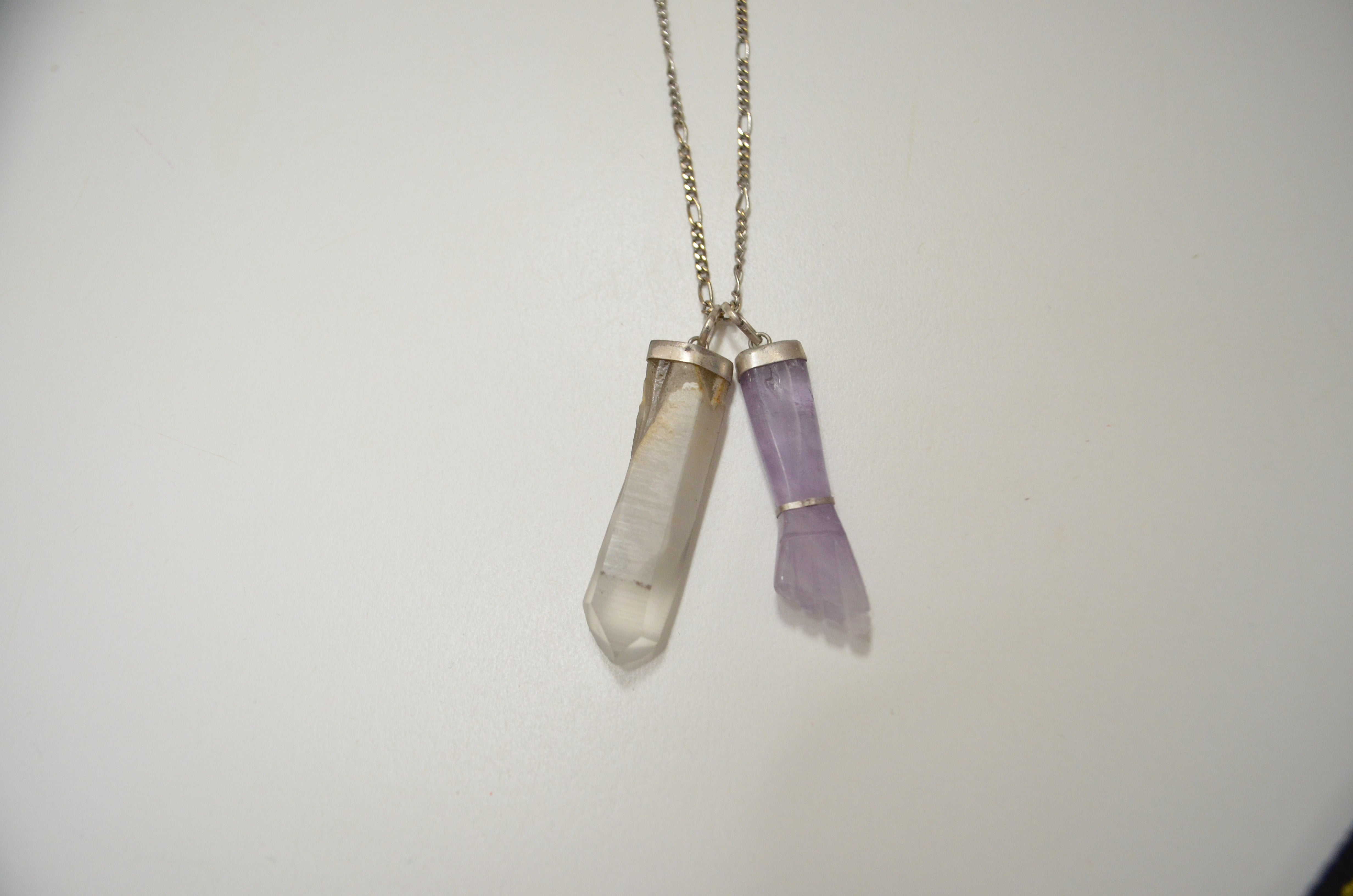Brazilian Amethyst Mano fig hand pendant and Crystal Selenite stone pendant with silver plated cap